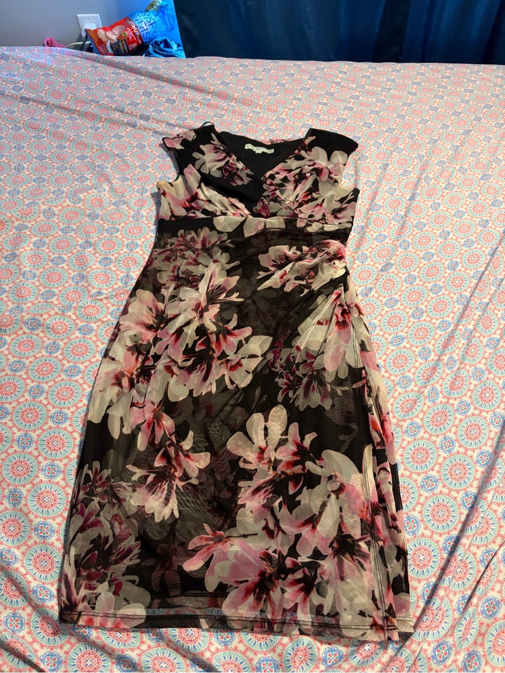 cleo Black Dress with Pink and Cream Floral Overlay